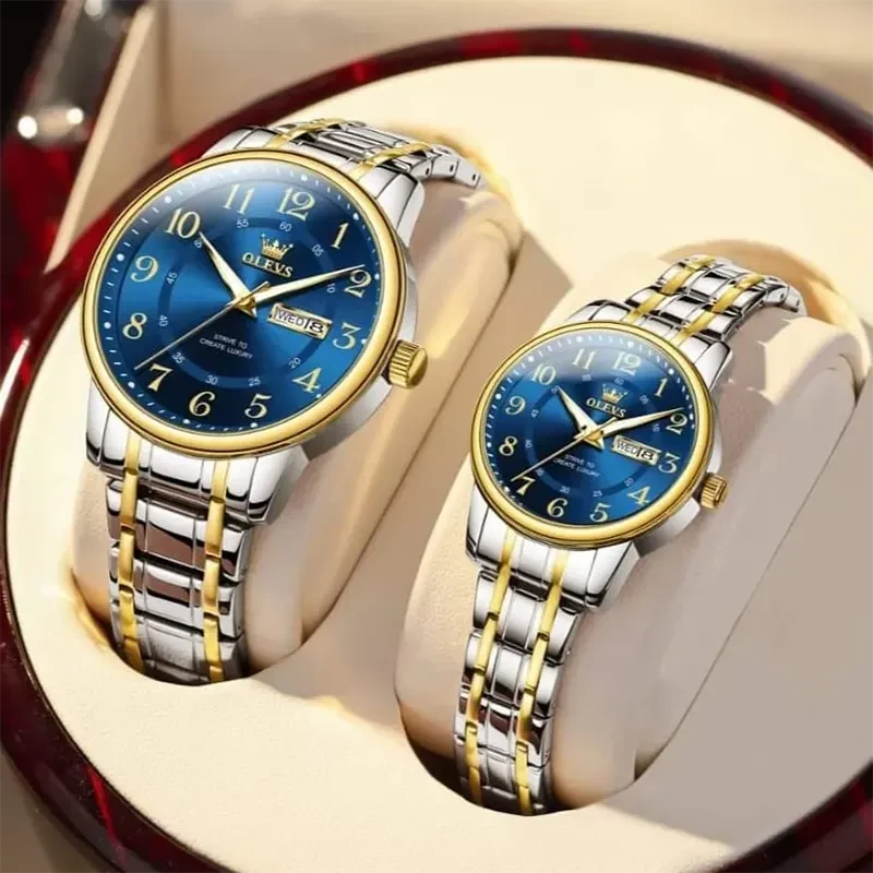 Olevs Black Blue Dial Two-tone Couple Watch | 2891